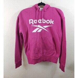 Reebok Womens XS Pink Logo Spell Out Long Sleeve Kangaroo Pocket Hoodie